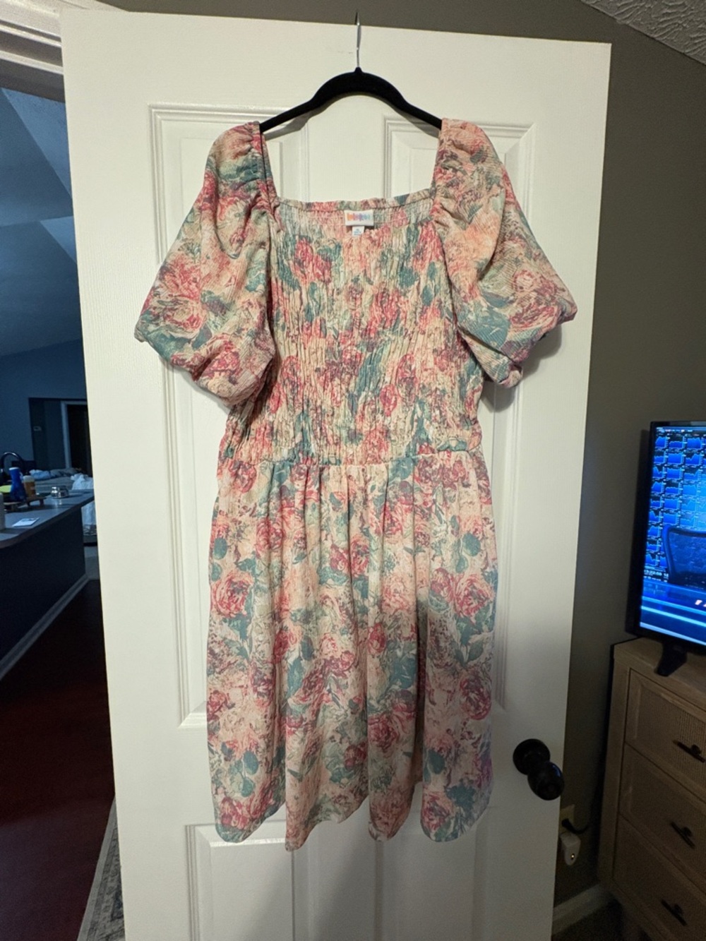 LuLaRoe Alina Puff-Sleeve Mini Dress in Pink and Blue Floral NWT